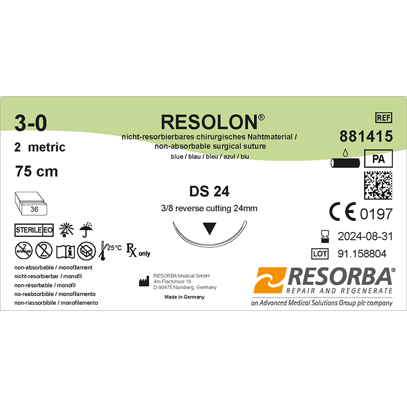 Резолон USP3-0 синій, довжина 75см, зворотньо-ріжуча голка 24мм, 3/8 кола